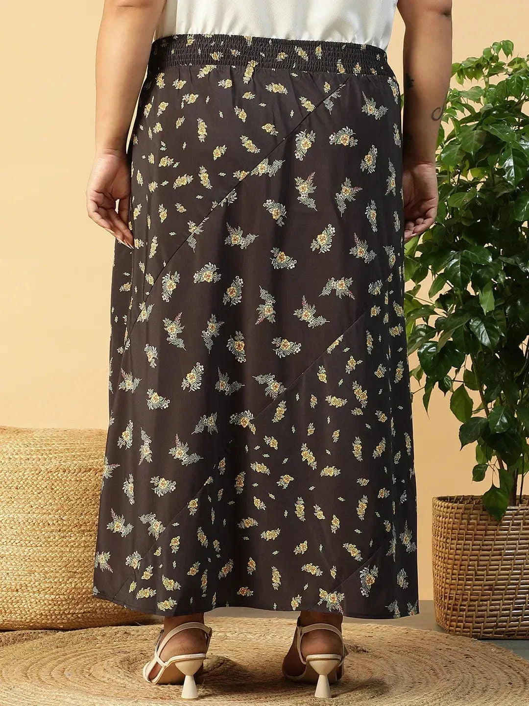 Plus Size Black Floral Print Skirt
