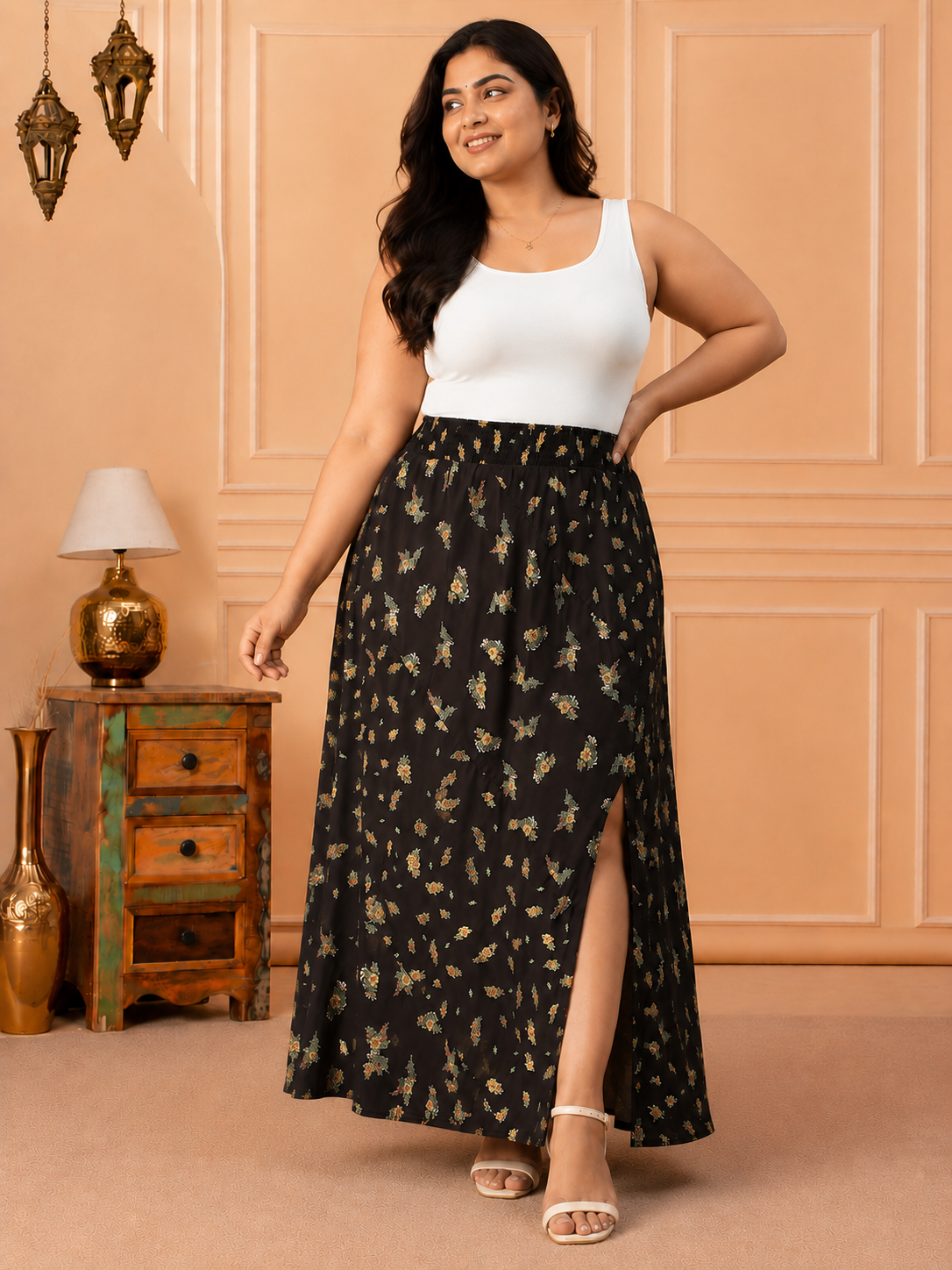 Plus Size Black Floral Print Skirt