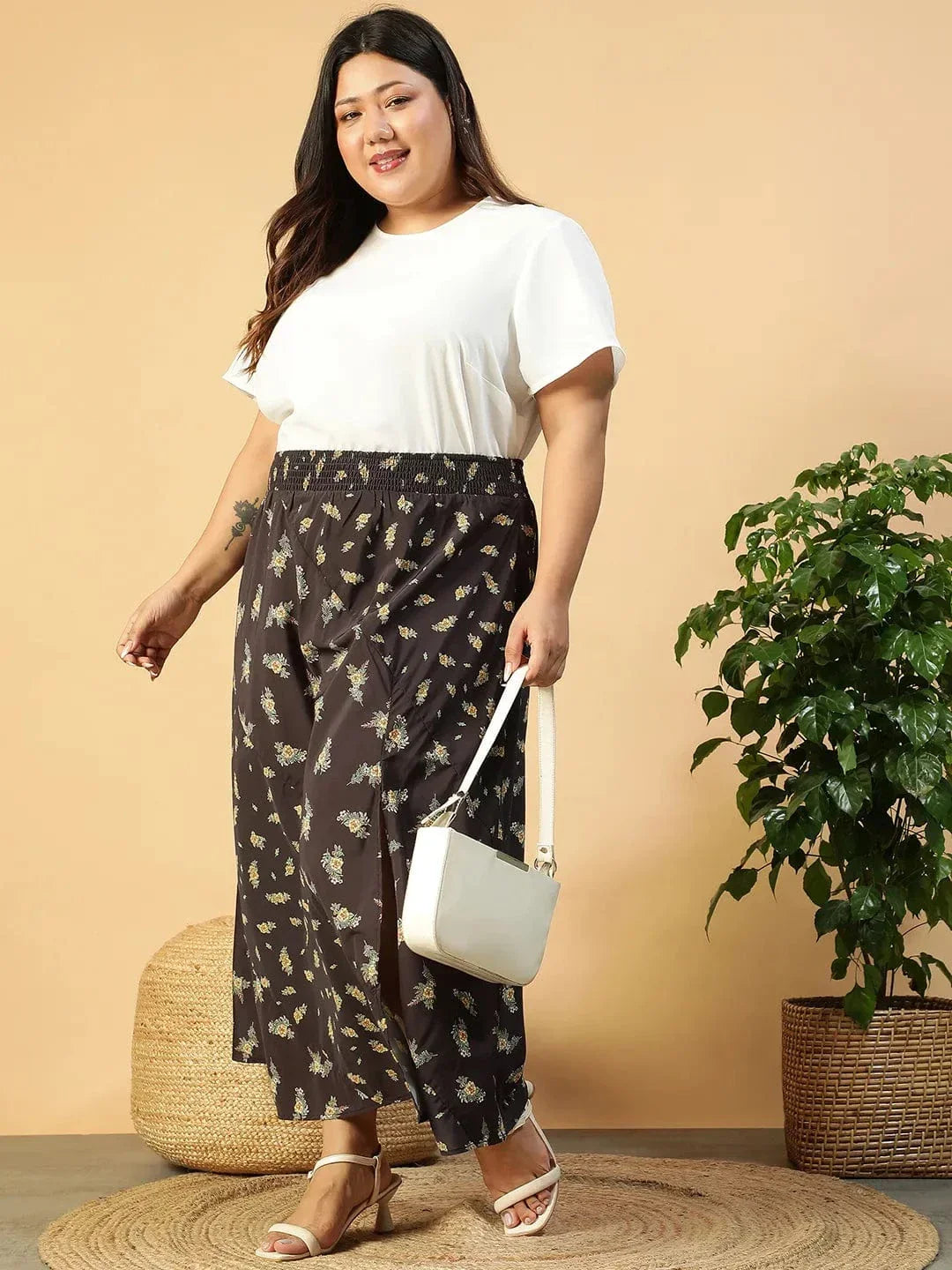 Plus Size Black Floral Print Skirt