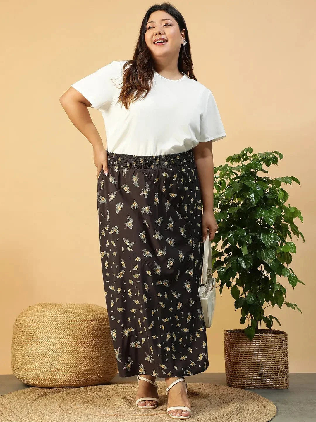 Plus Size Black Floral Print Skirt