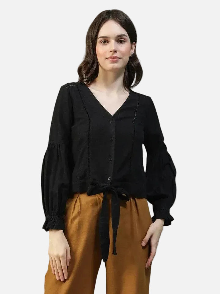 Black Cotton Linen Top
