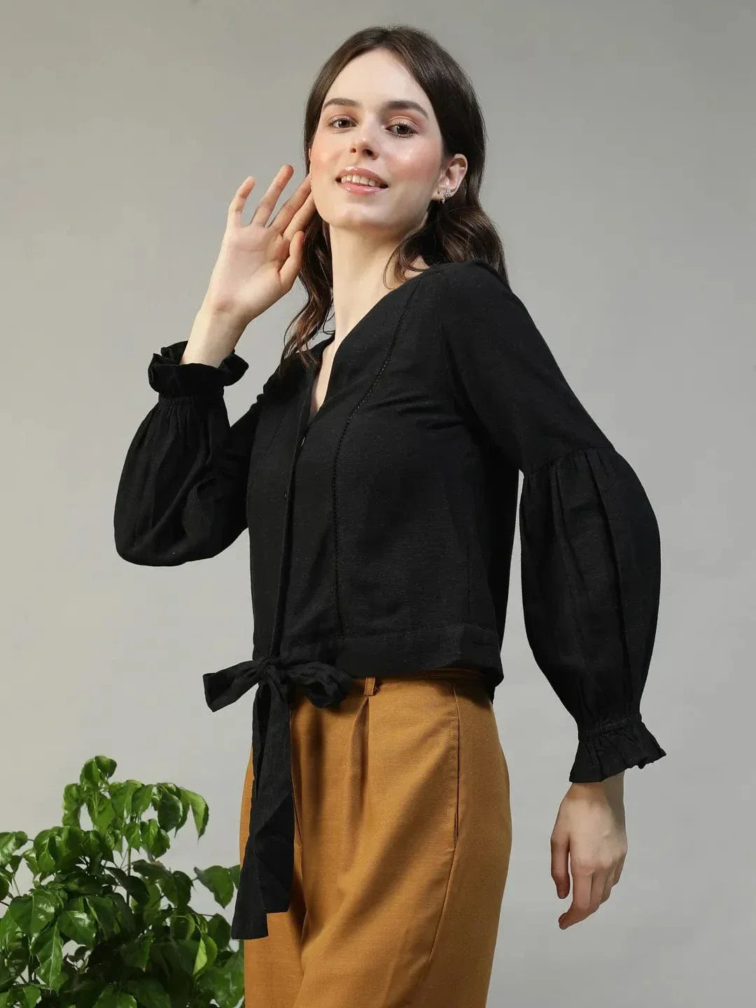 Black Cotton Linen Top