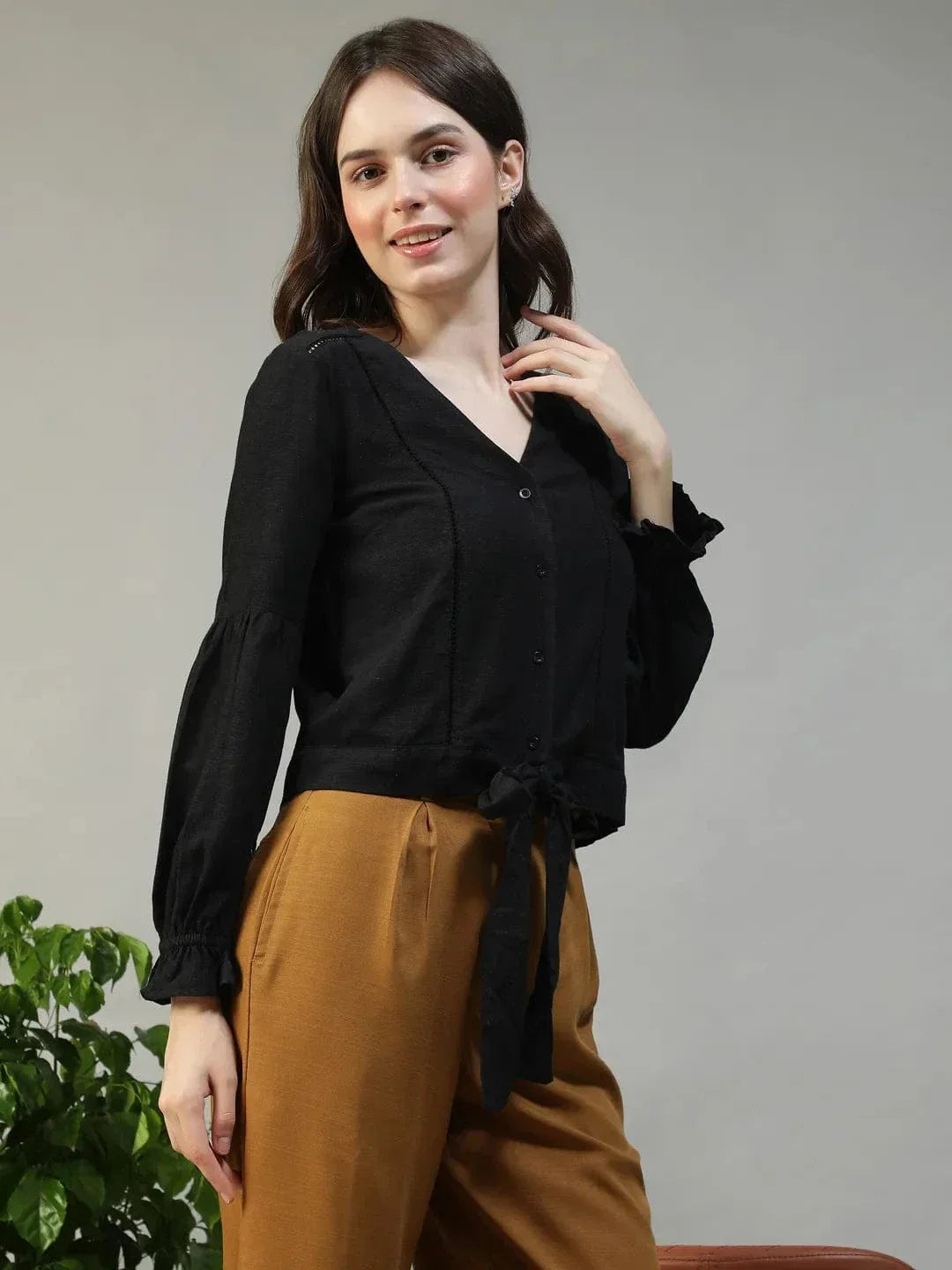 Black Cotton Linen Top