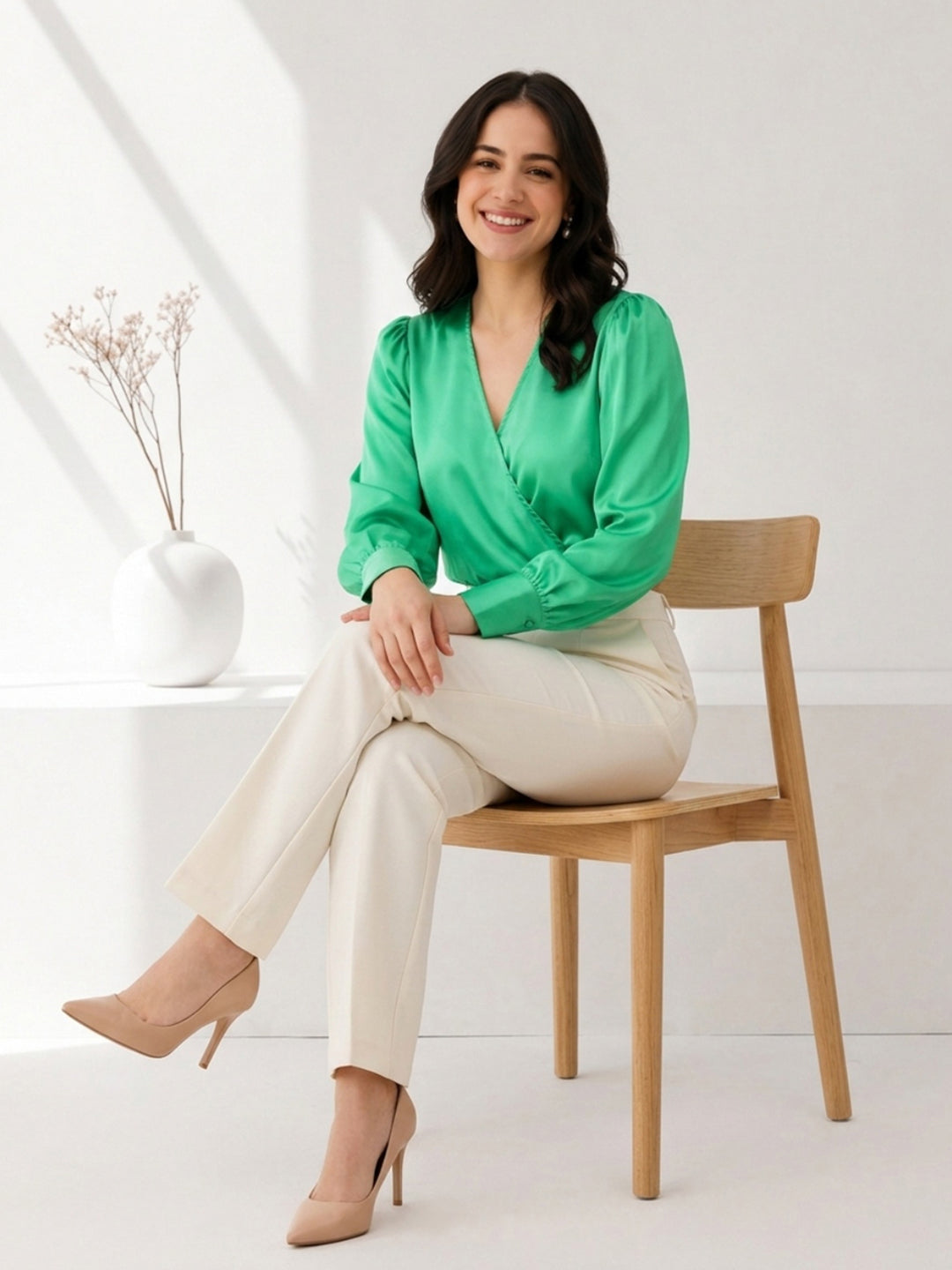 Woman in green satin wrap blouse and cream pants, stylish plus size fashion outfit