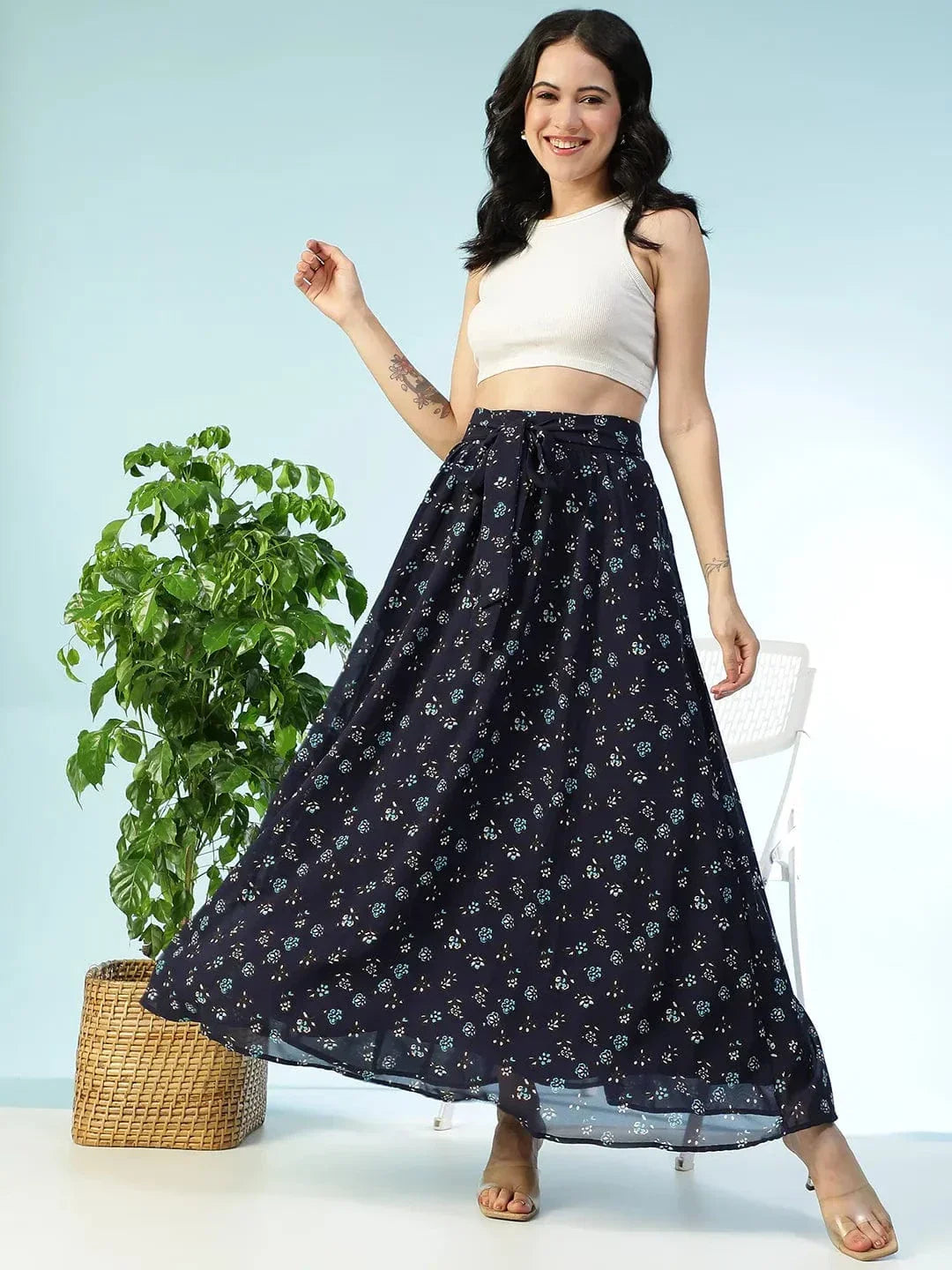 Blue Floral Print Skirt