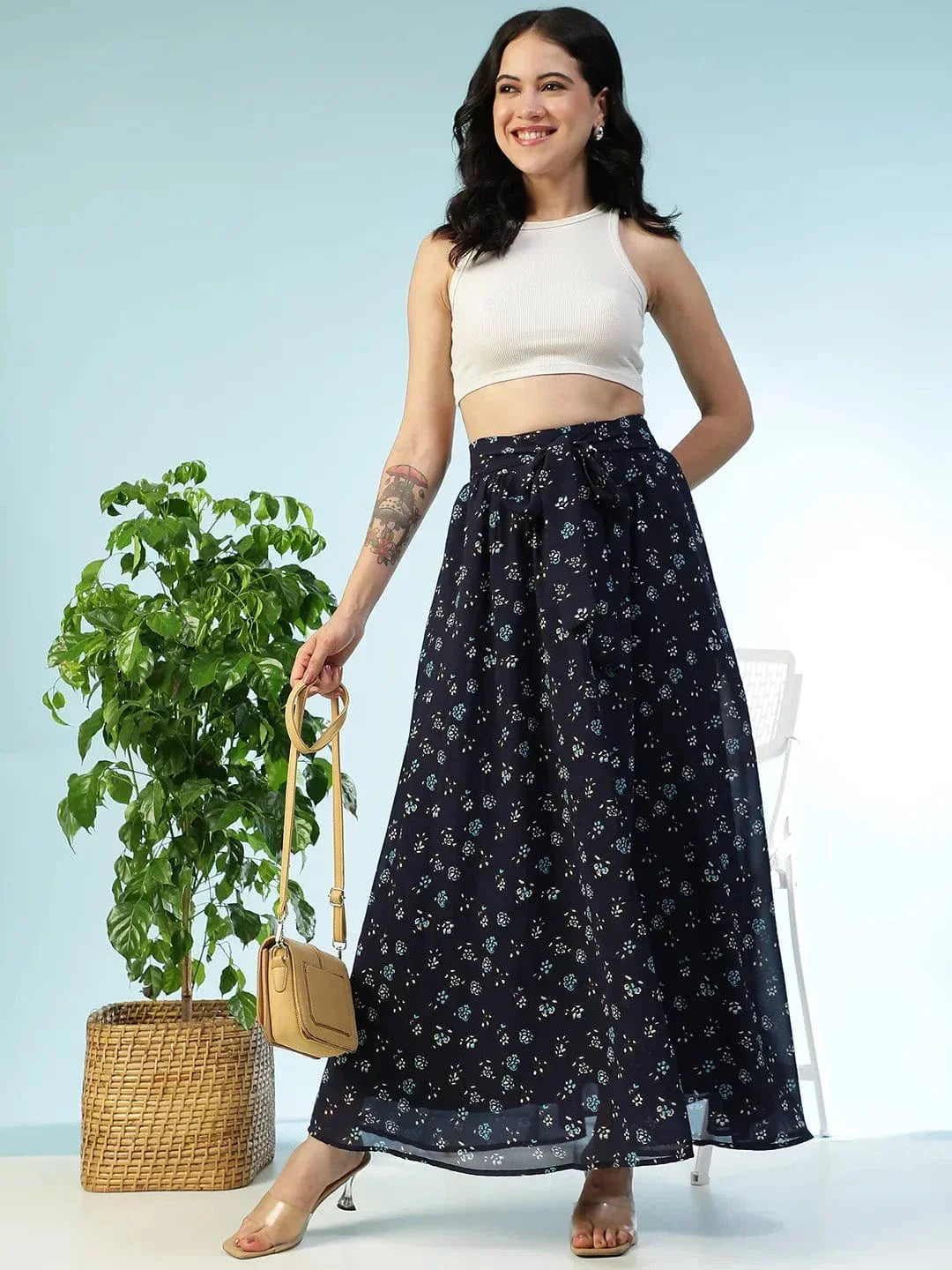 Blue Floral Print Skirt