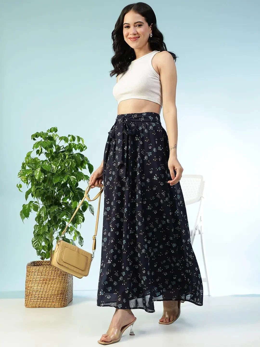 Blue Floral Print Skirt