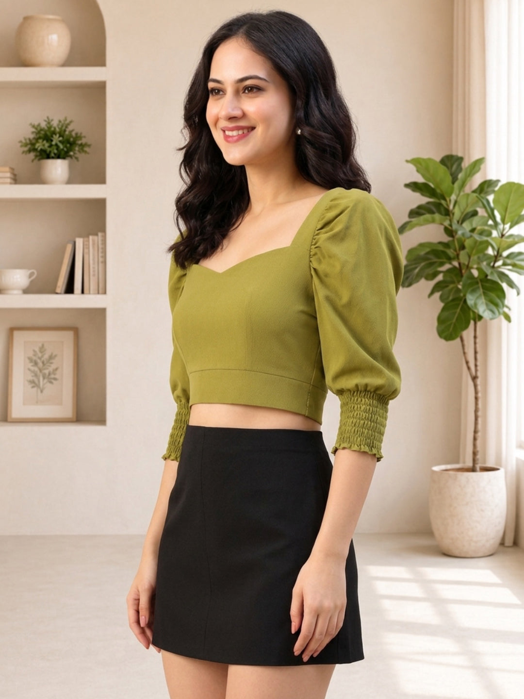 Olive green puff sleeve crop top with black mini skirt, stylish women's fashion outfit