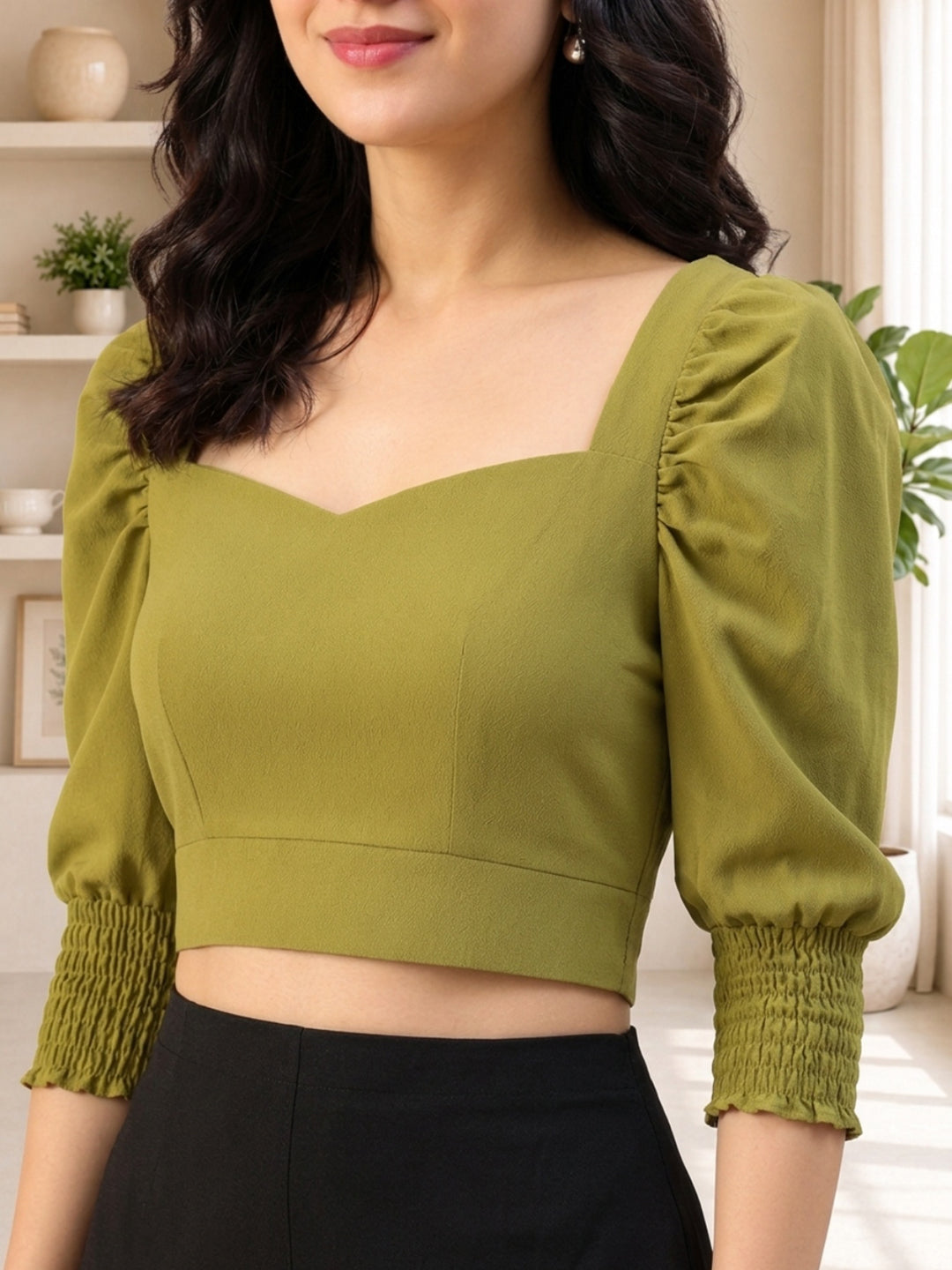Olive green crop top with puff sleeves and square neckline, women's fashion