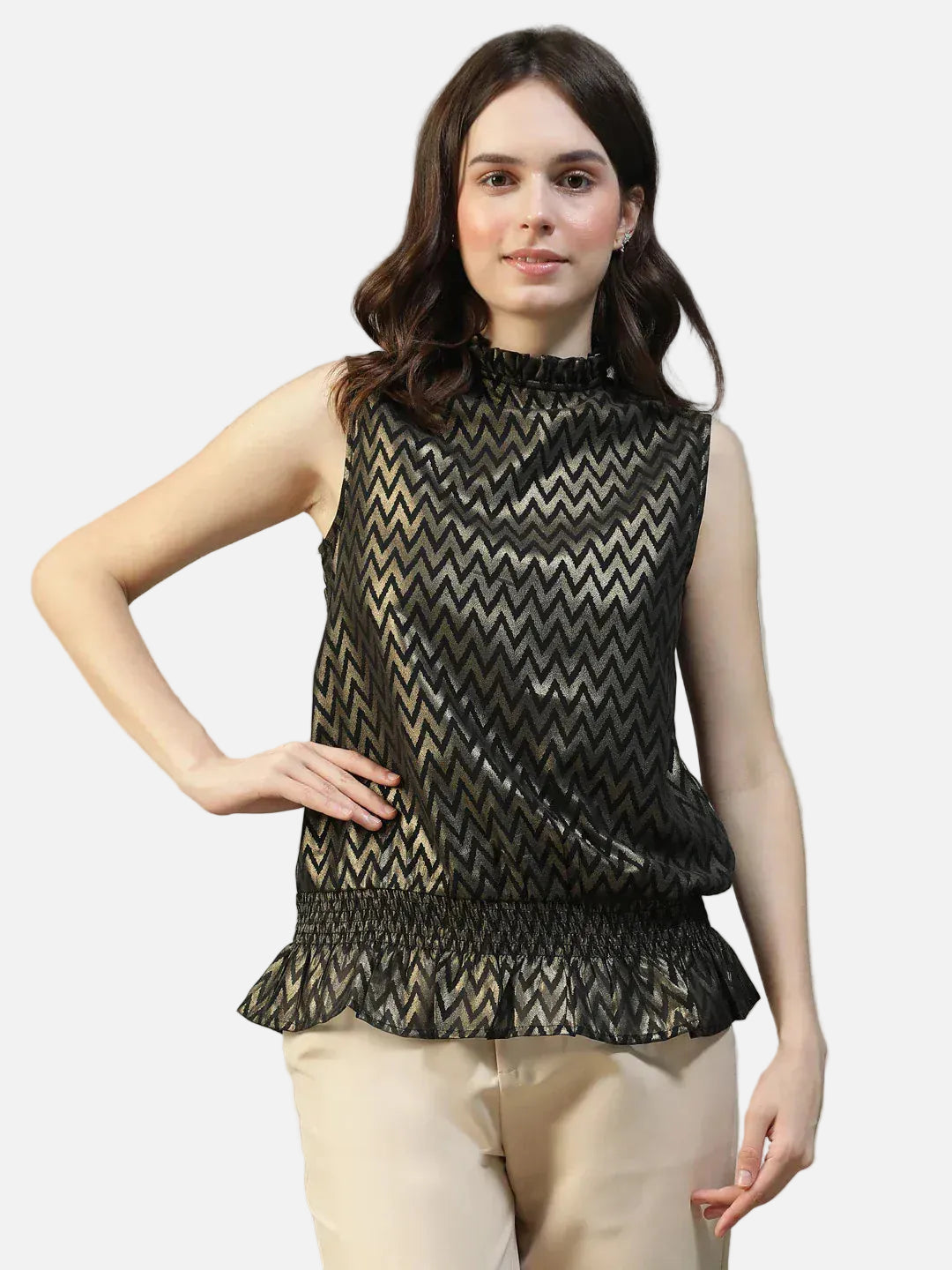 Women Black Zig-Zag Foil Print Top
