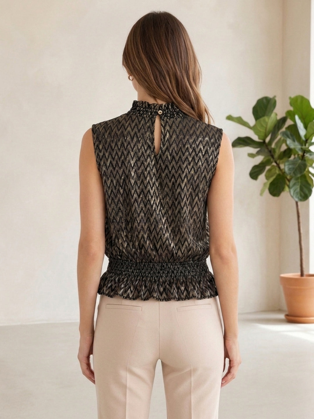 Women Black Zig-Zag Foil Print Top