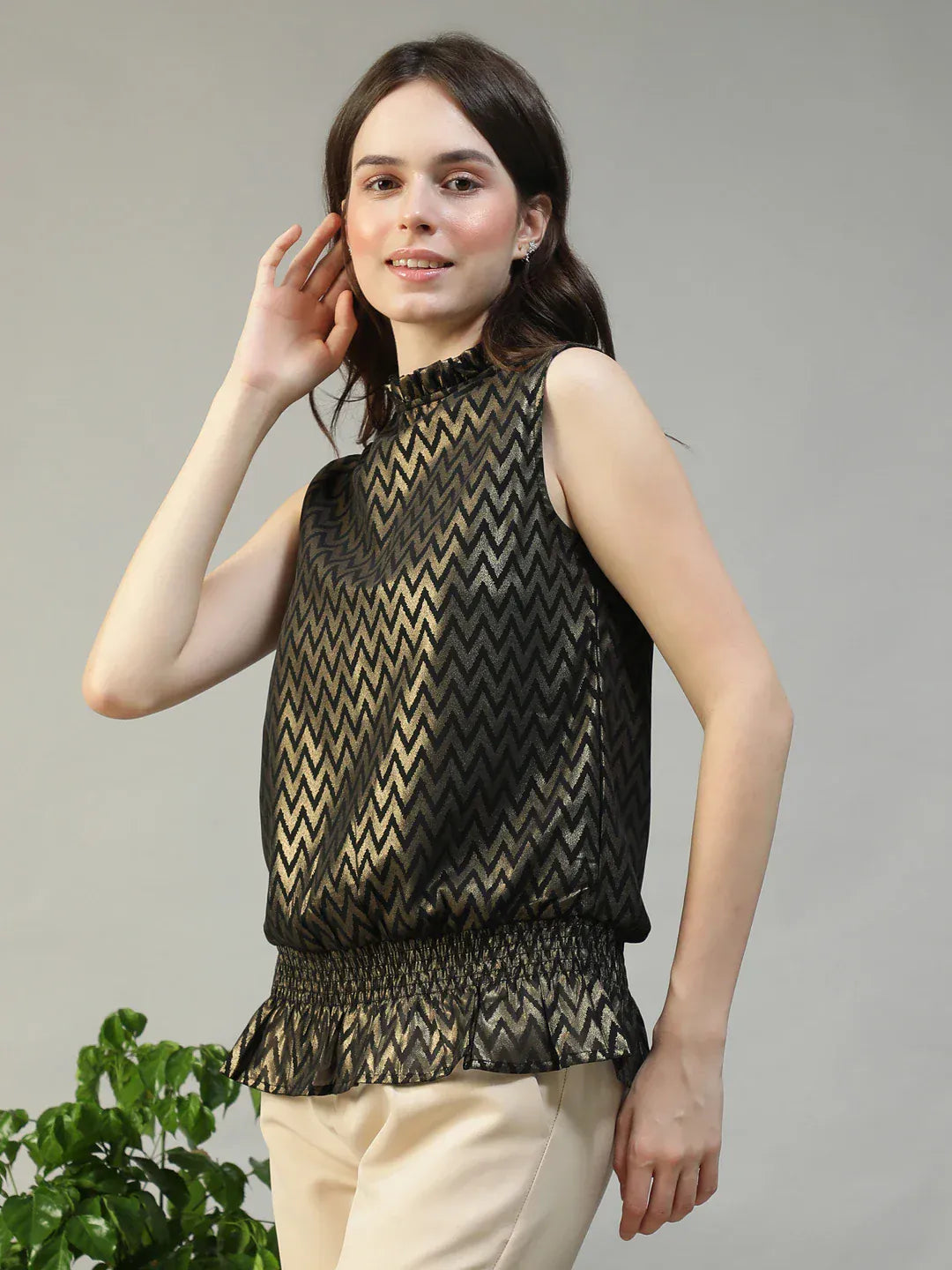 Women Black Zig-Zag Foil Print Top