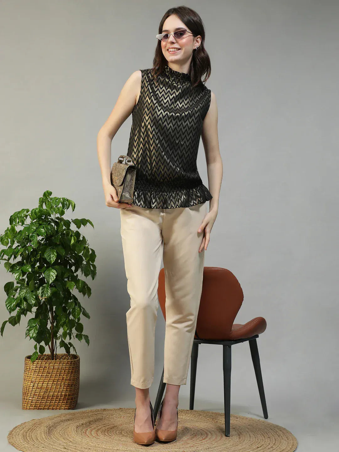 Women Black Zig-Zag Foil Print Top