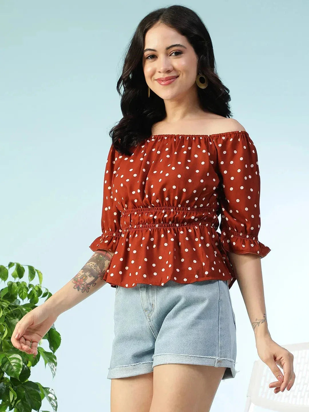 Rust Polka Dot Print Top