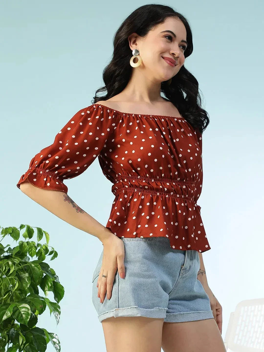 Rust Polka Dot Print Top