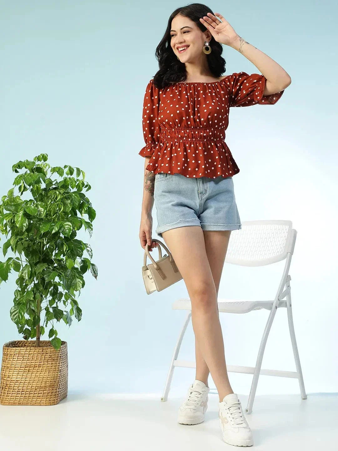 Rust Polka Dot Print Top