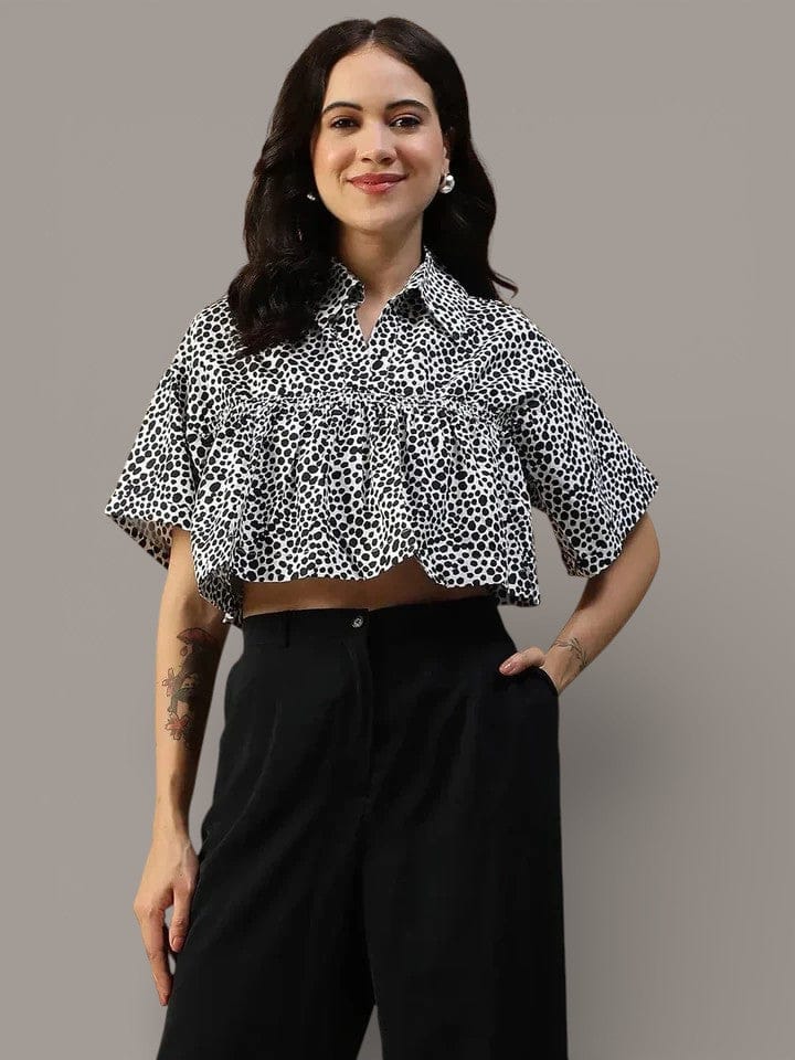 Black Animal Print Cotton Crop Top
