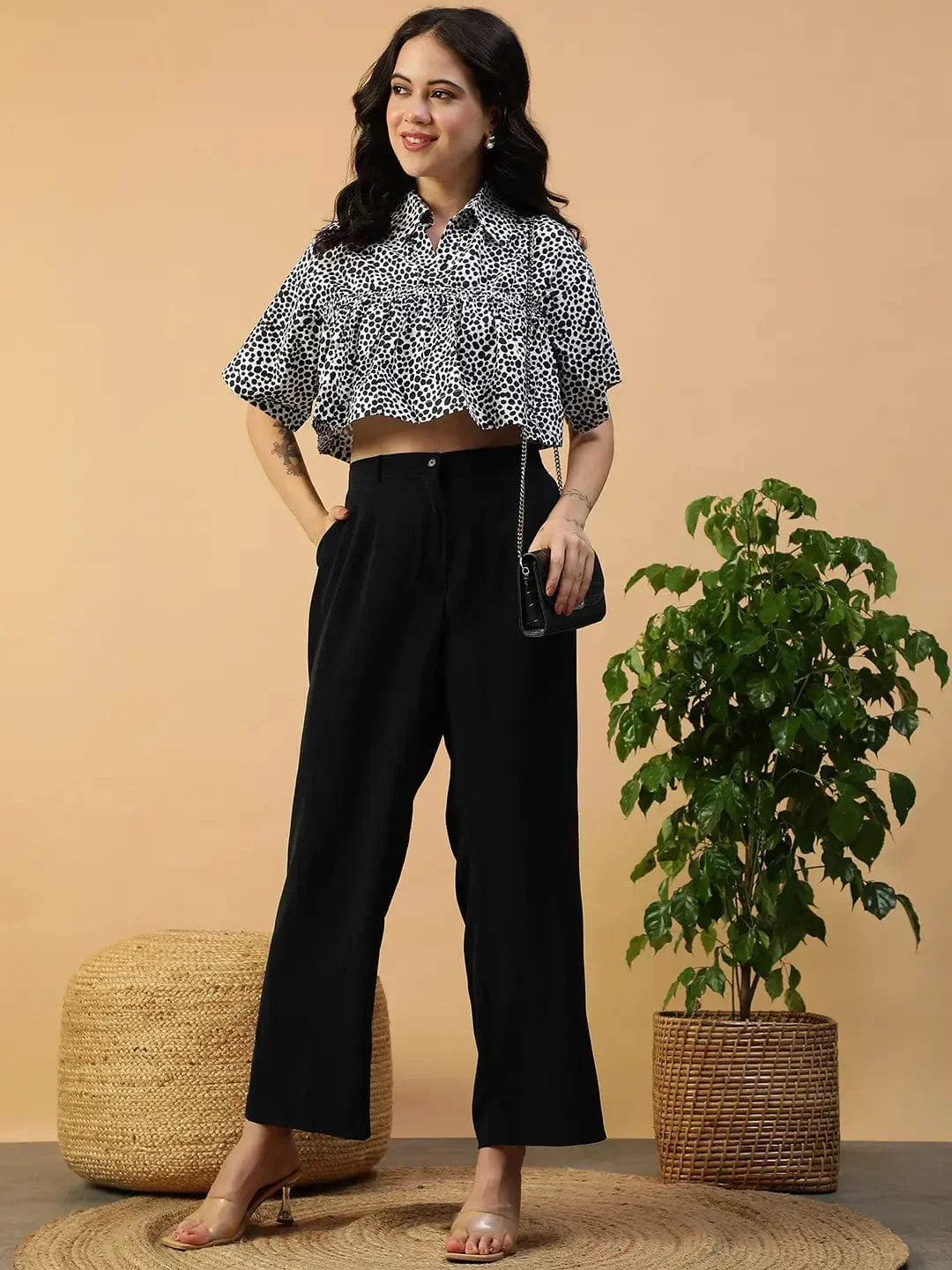 Black Animal Print Cotton Crop Top