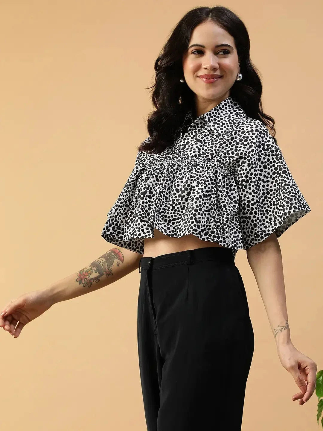 Black Animal Print Cotton Crop Top