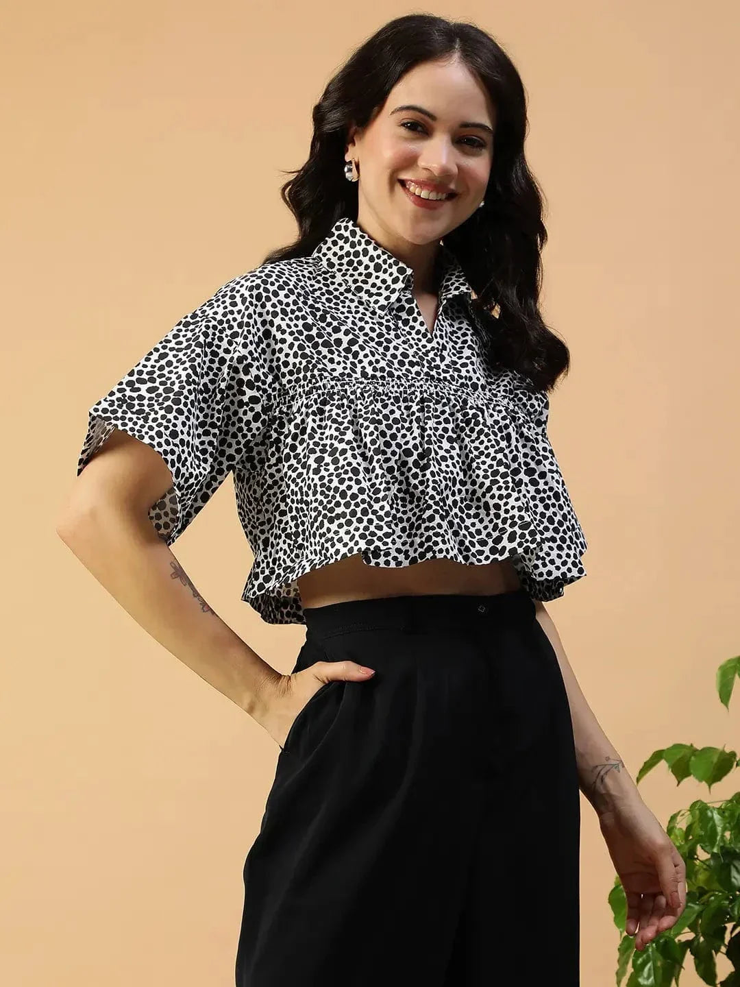 Black Animal Print Cotton Crop Top