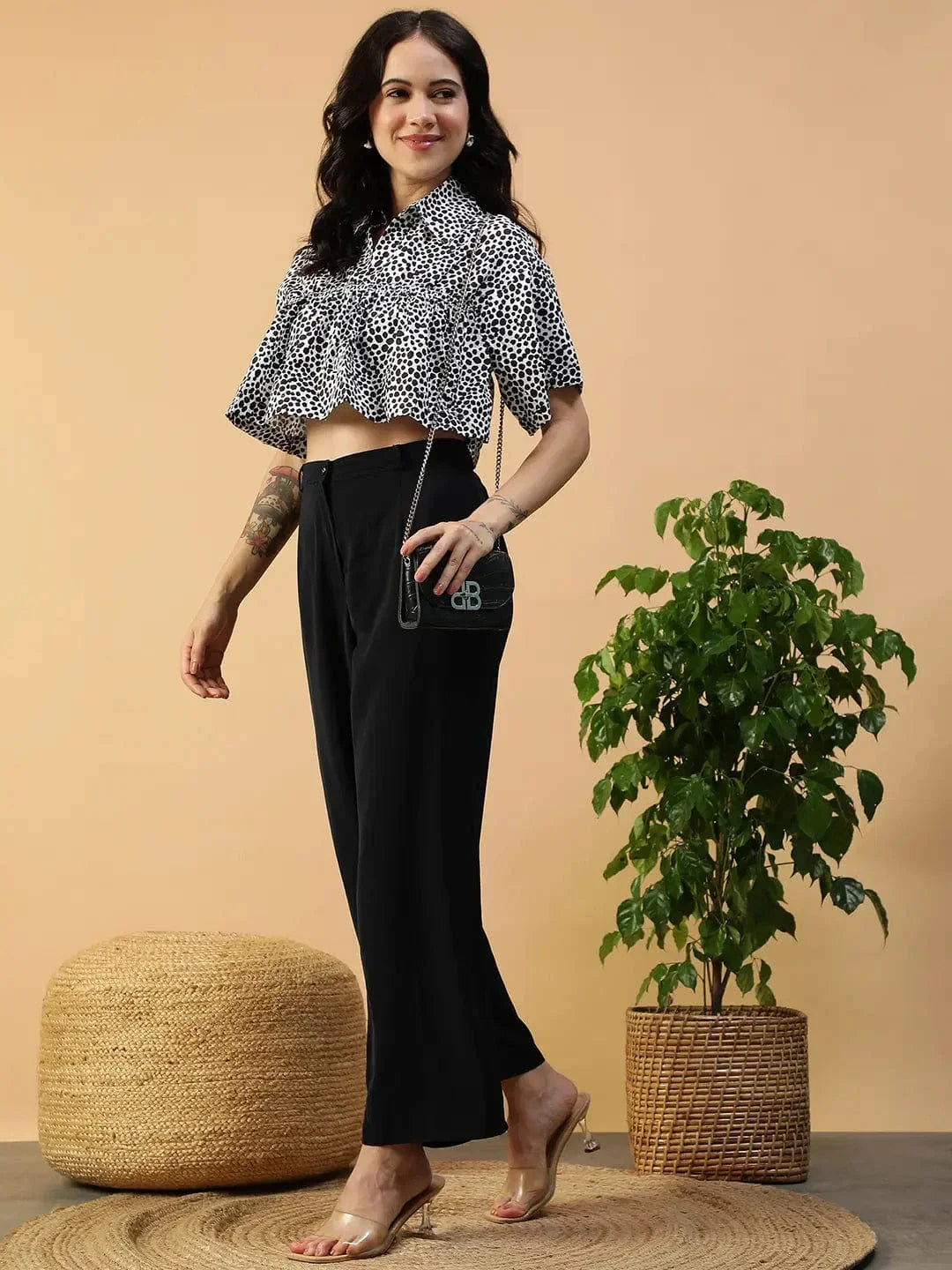 Black Animal Print Cotton Crop Top