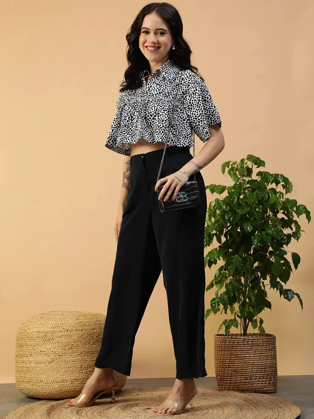 Black Animal Print Cotton Crop Top