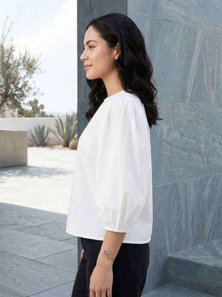 White puff sleeve blouse for women, stylish plus size fashion top, casual outfit inspiration