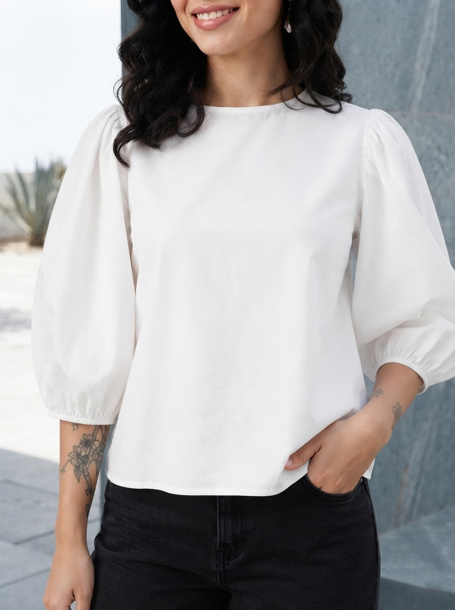 White puff sleeve blouse for women, stylish plus size fashion top with round neck and black jeans
