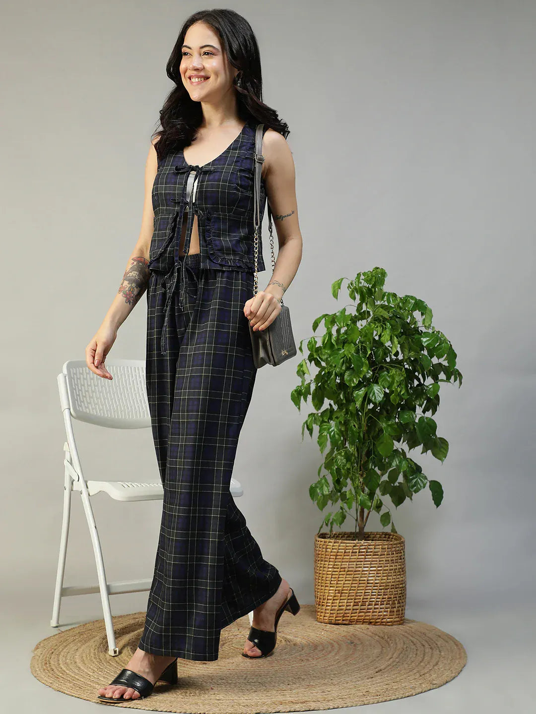 Purple Check Print Top & Pant | Co-Ord Set