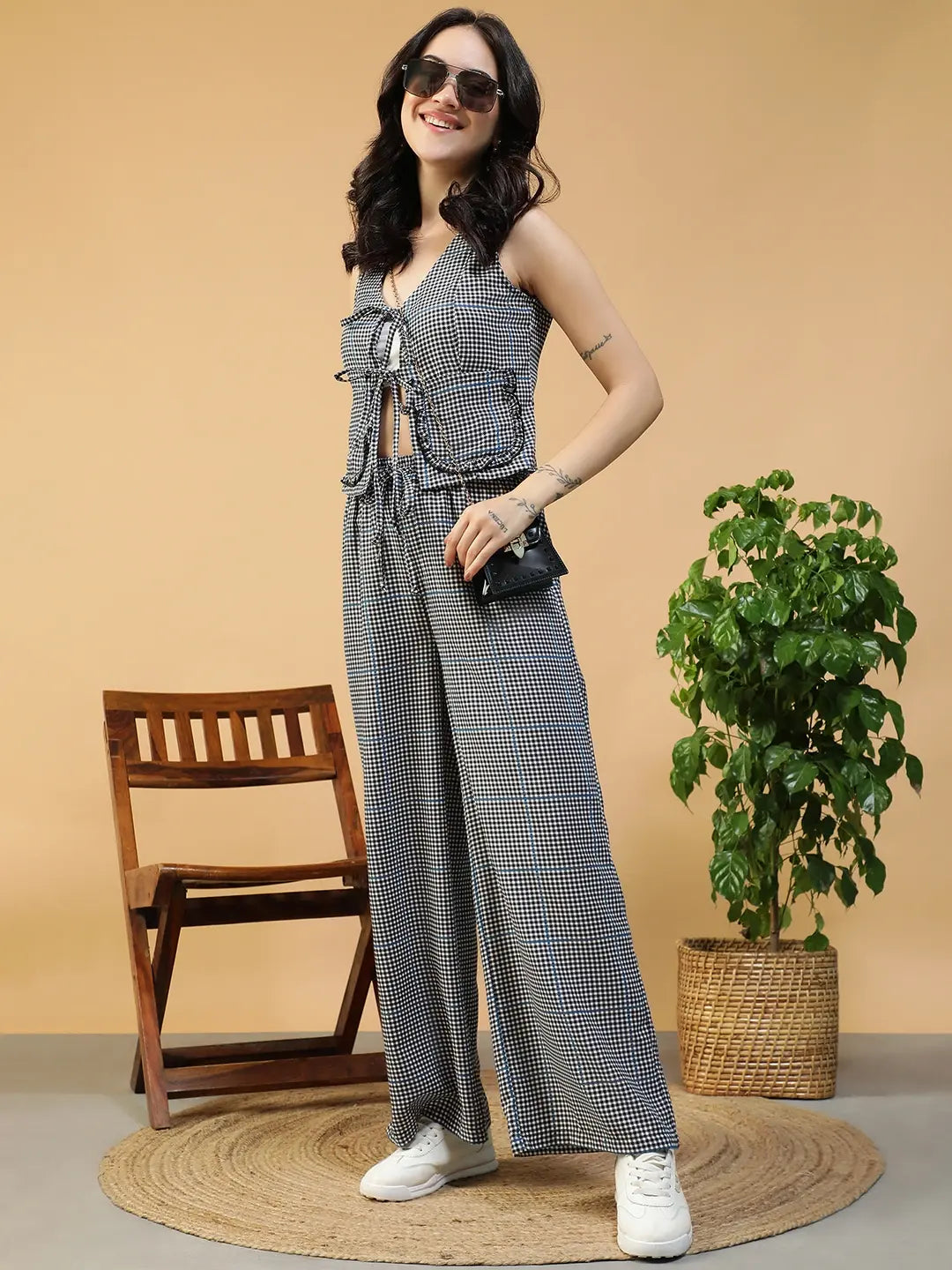 Black & White Check Print Top & Pant | Co-Ord Set