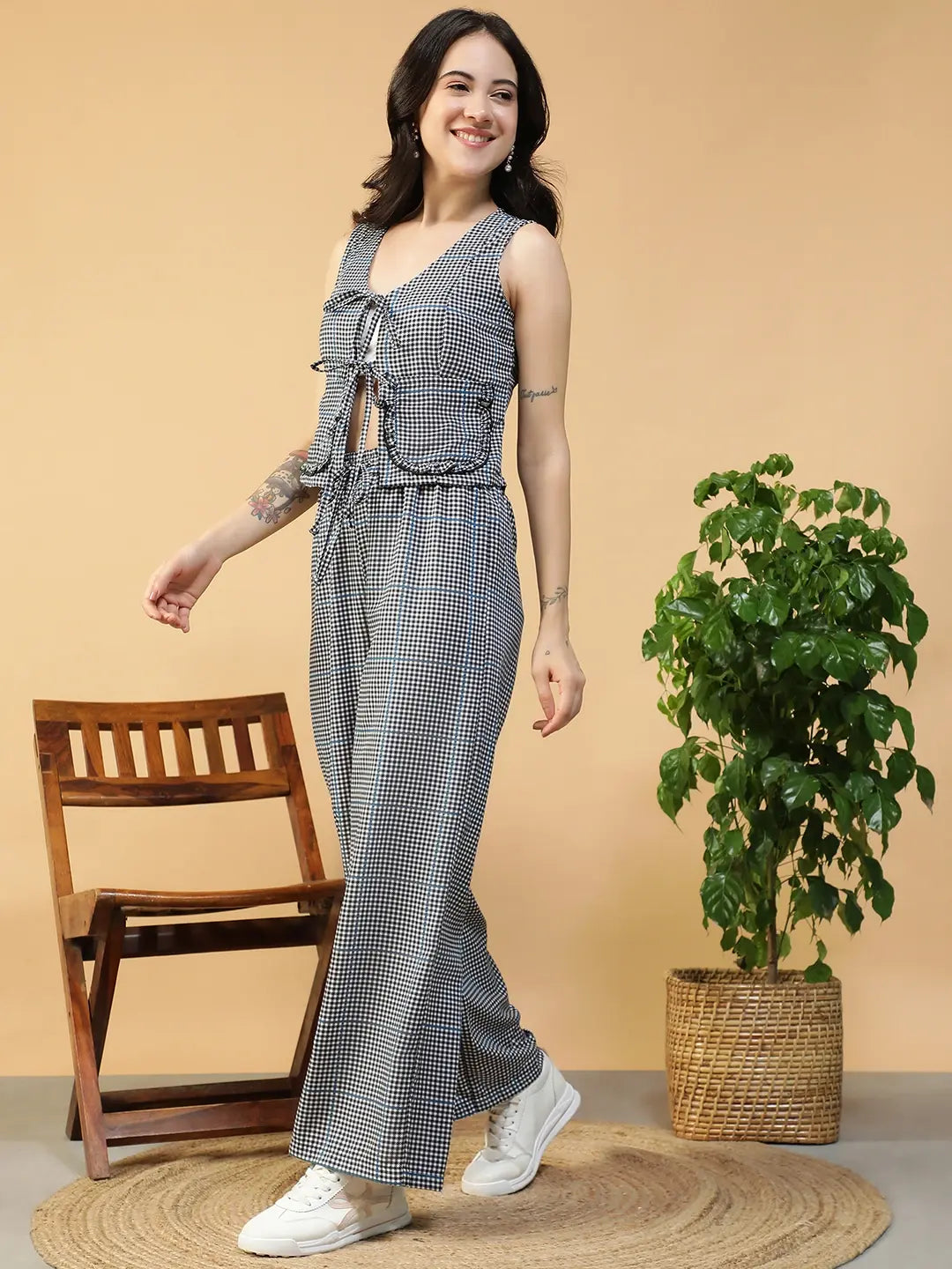 Black & White Check Print Top & Pant | Co-Ord Set