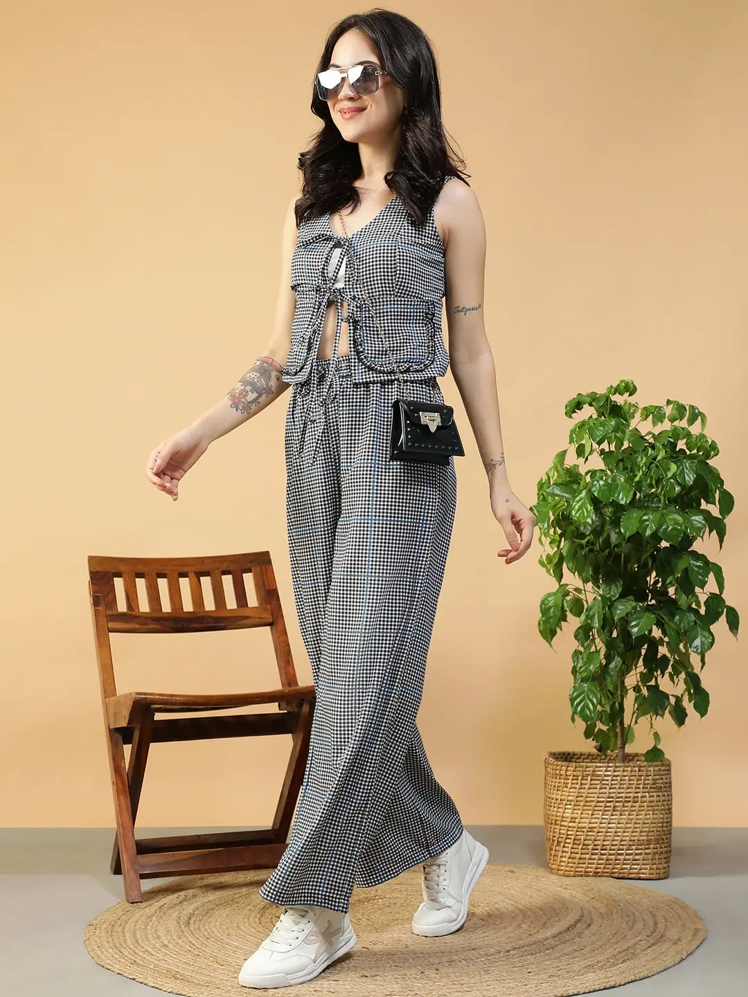 Black & White Check Print Top & Pant | Co-Ord Set