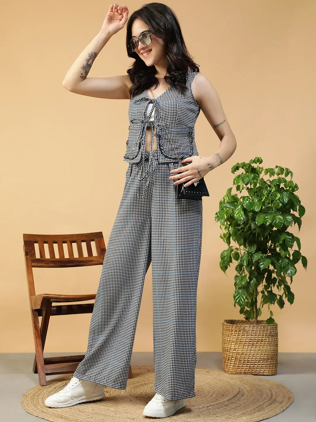 Black & White Check Print Top & Pant | Co-Ord Set