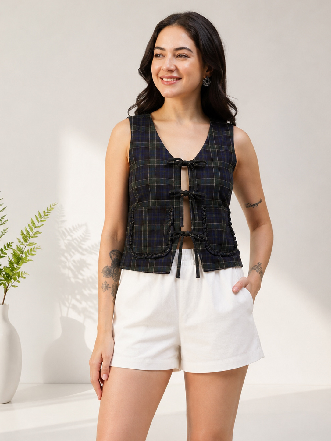 Women Navy Check Top