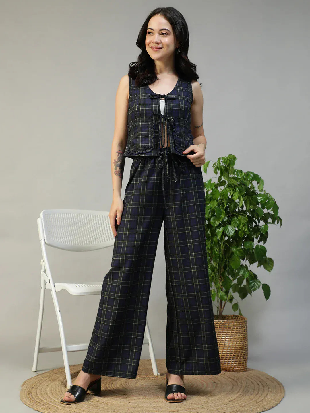 Women Navy Check Top