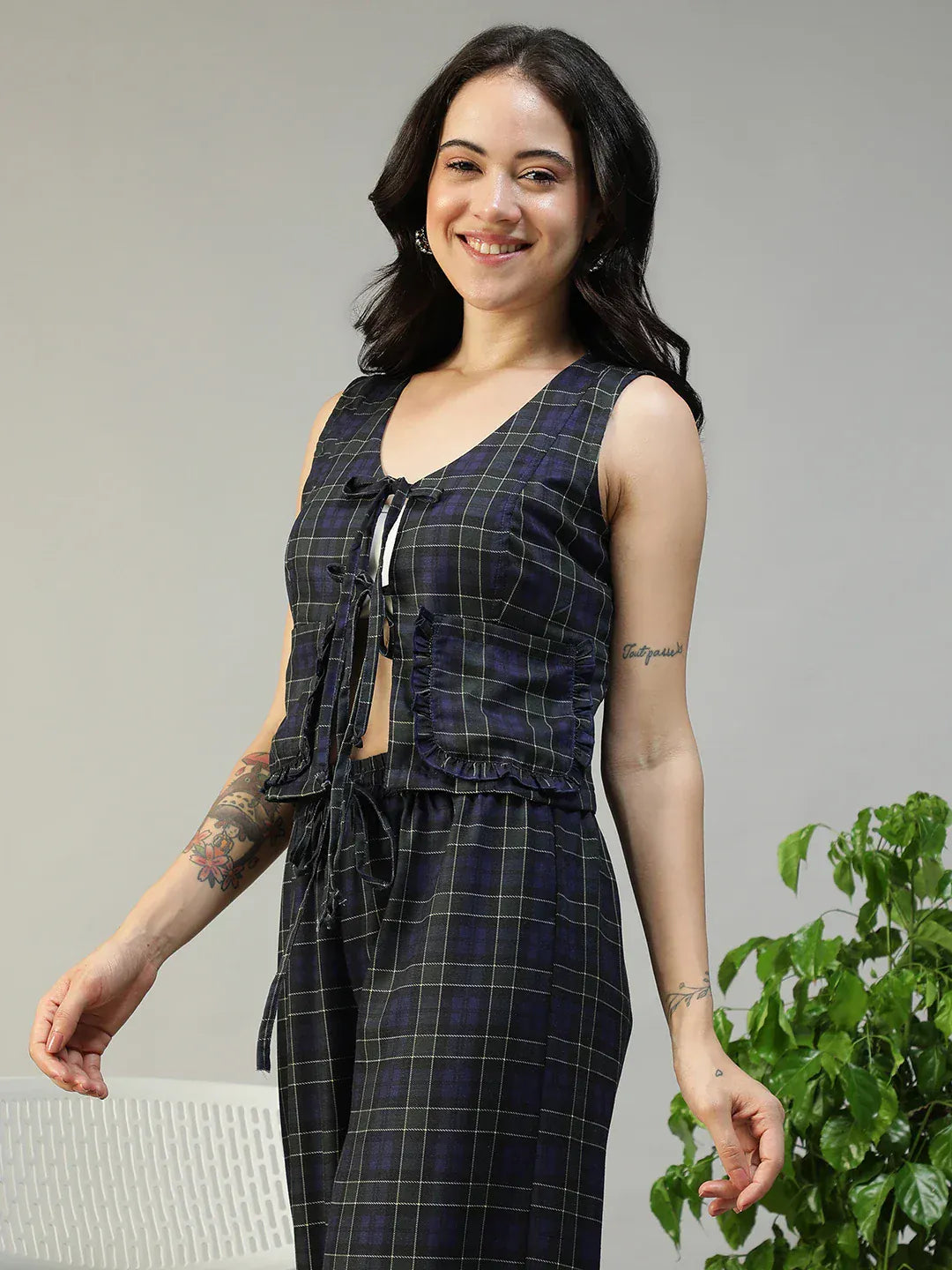 Women Navy Check Top