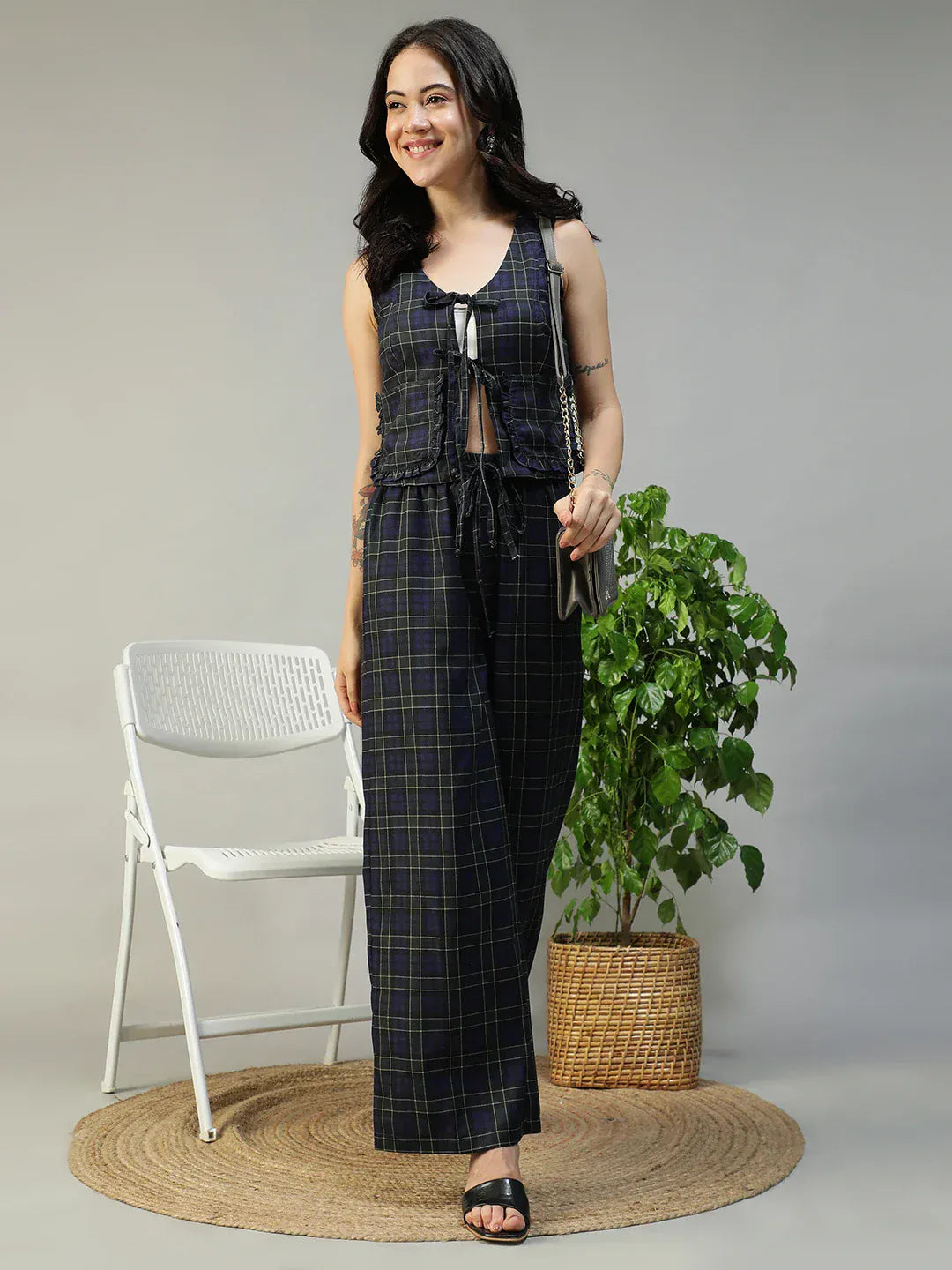 Women Navy Check Top