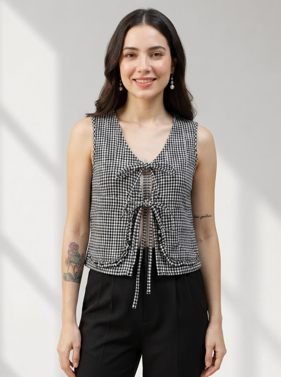 Women Black Check Top