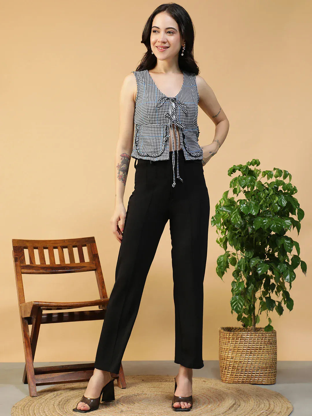 Women Black Check Top