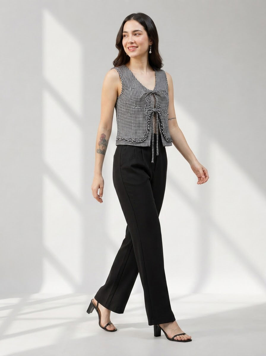 Women Black Check Top Oxolloxo