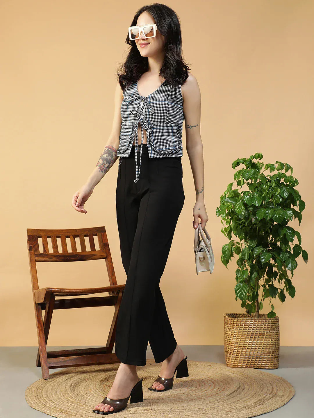 Women Black Check Top