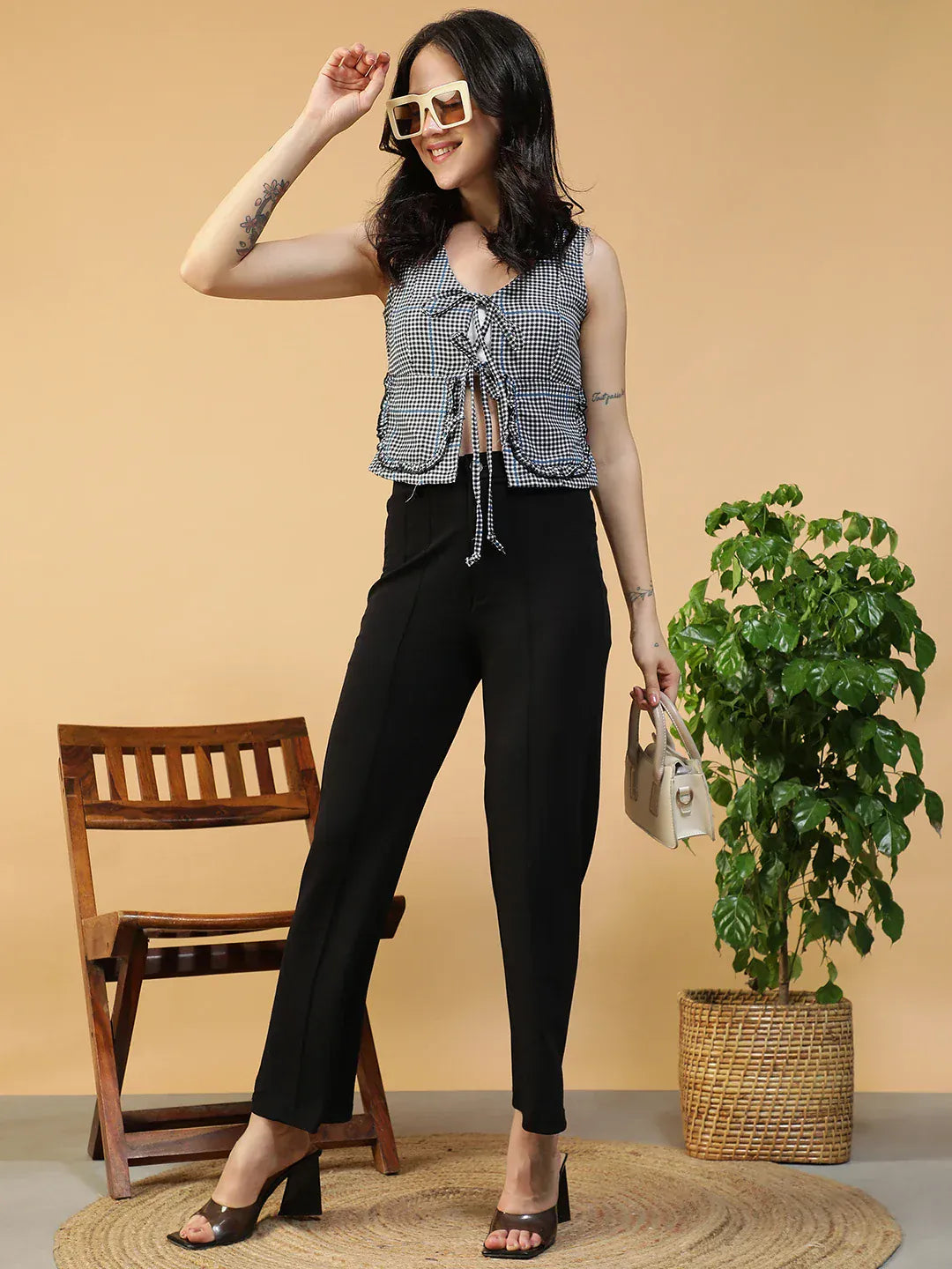 Women Black Check Top