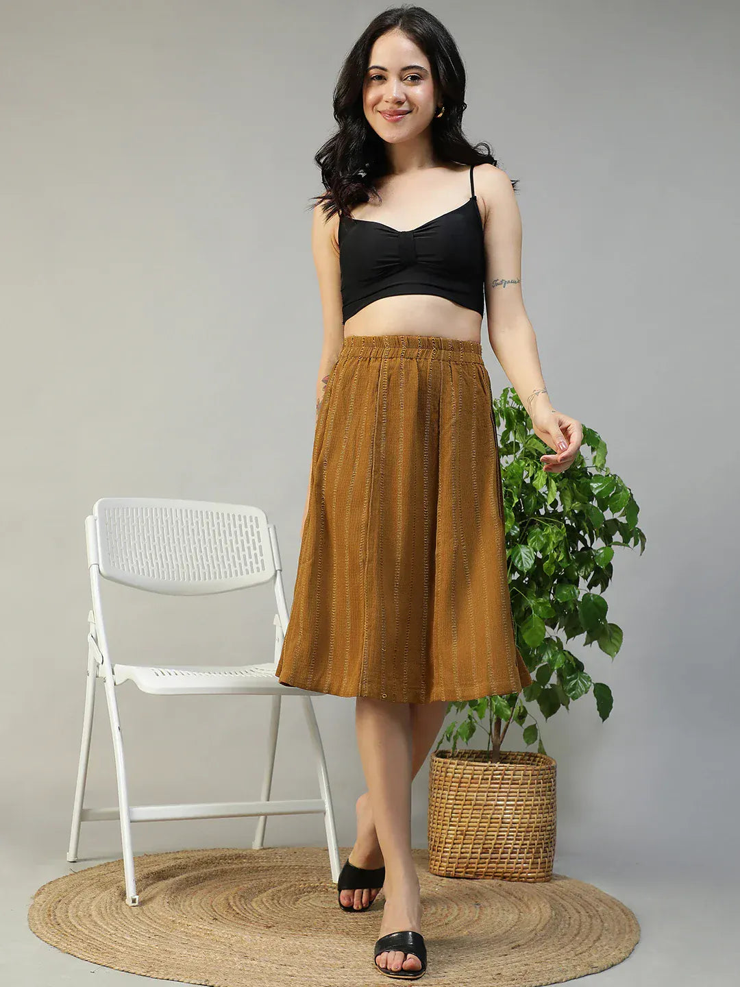Women Mustard Stripe Skirt with Elastic Waist