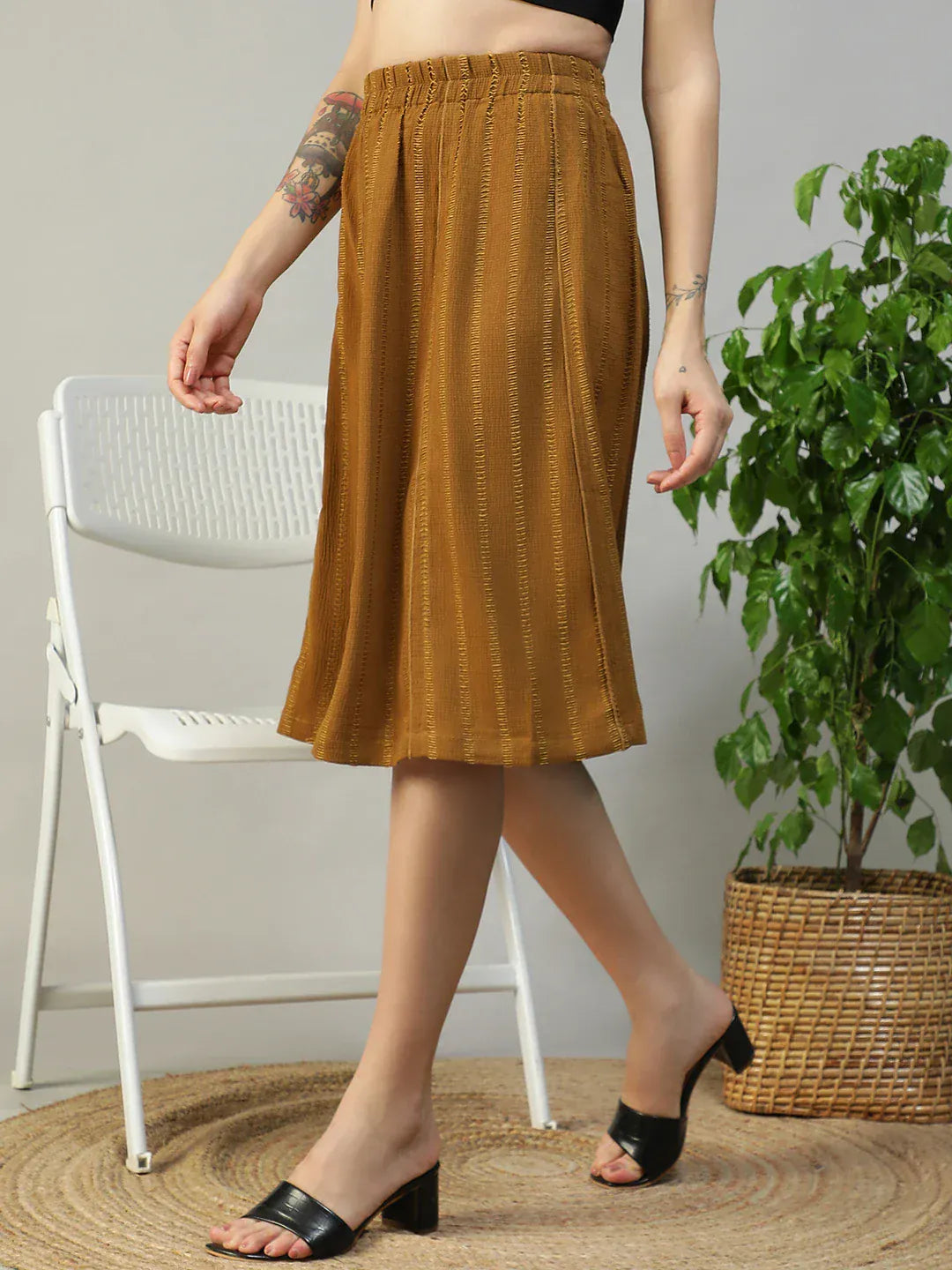 Women Mustard Stripe Skirt with Elastic Waist