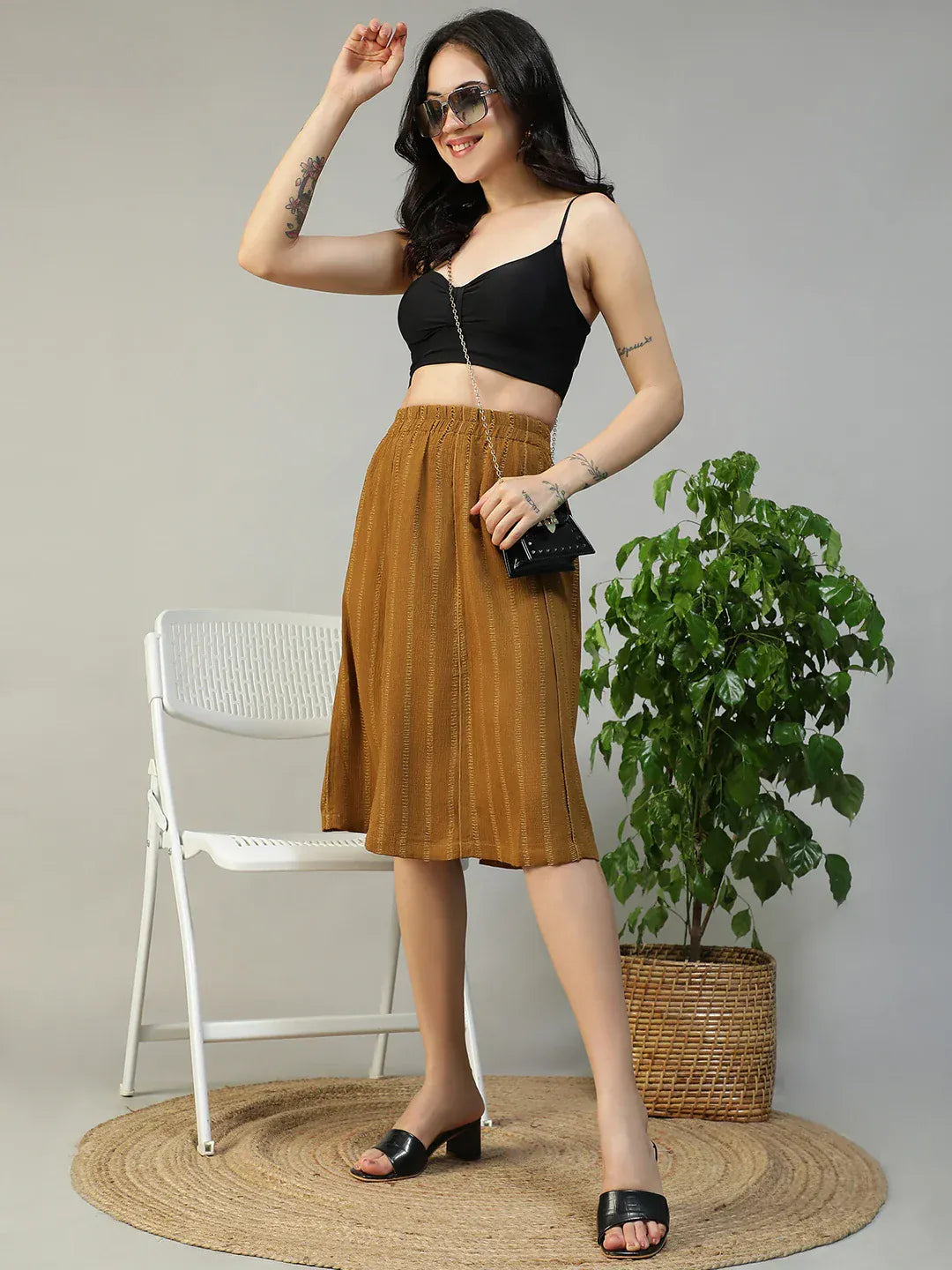 Women Mustard Stripe Skirt with Elastic Waist