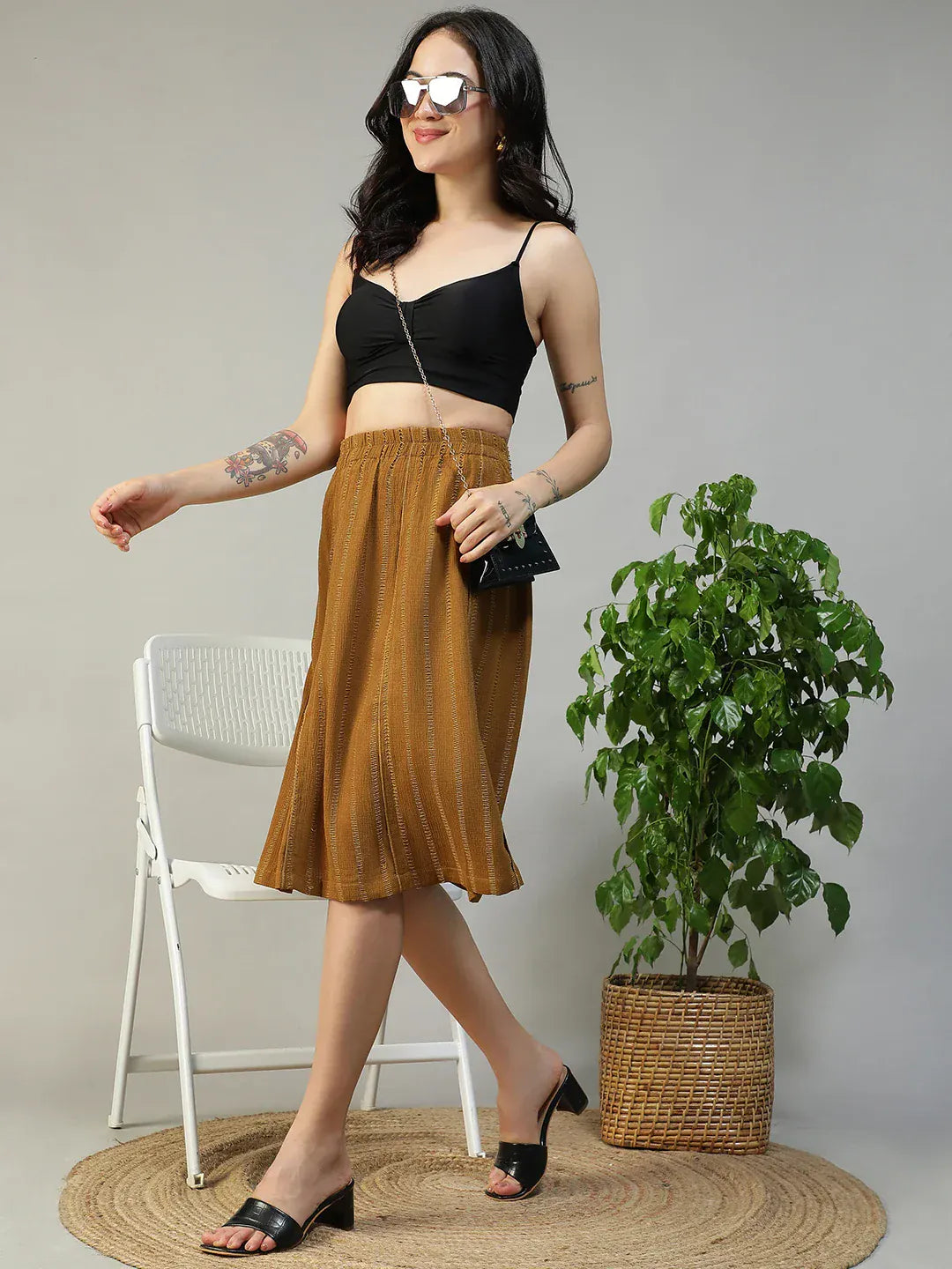 Women Mustard Stripe Skirt with Elastic Waist