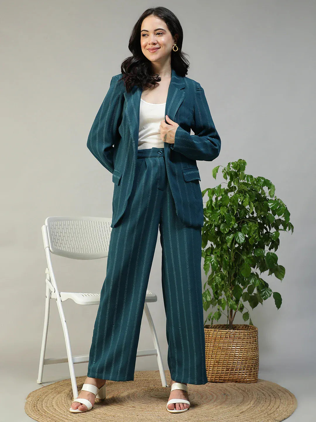 Teal Stripe Co Ord Set | Blazer & Pant
