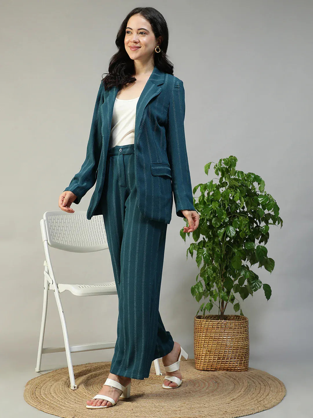 Teal Stripe Co Ord Set | Blazer & Pant