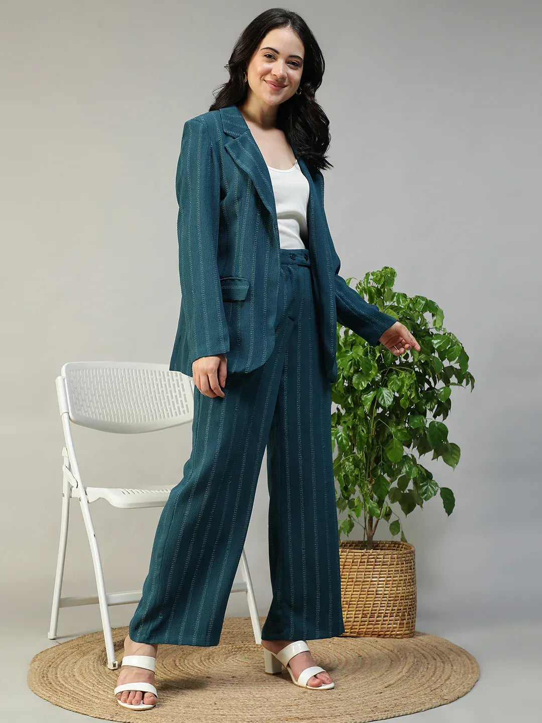 Teal Stripe Co Ord Set | Blazer & Pant