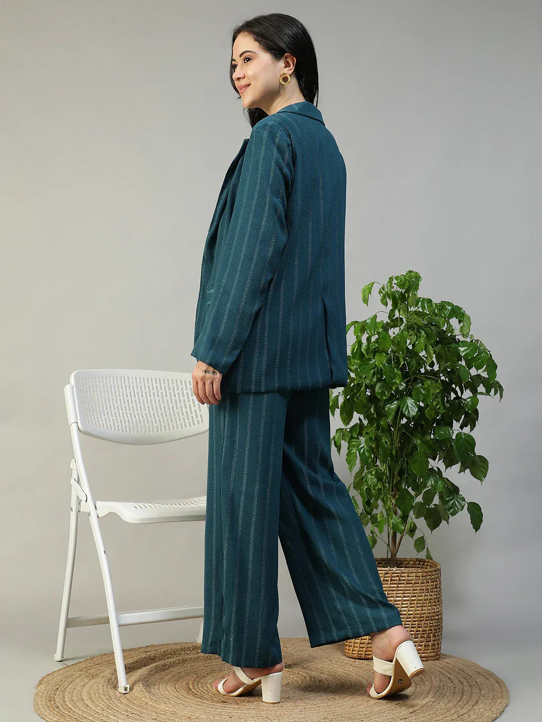 Teal Stripe Co Ord Set | Blazer & Pant